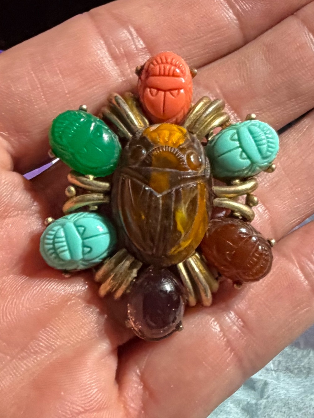 Vintage Gold Tone Multicolor Scarab Brooch Pendant